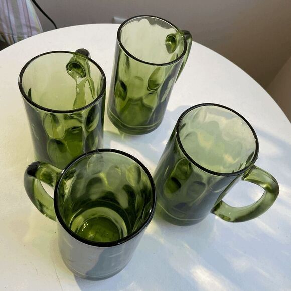 Hazel Atlas Lyric Drop Dot Optic Avocado Green Glass Mug Set of 4 Heavy Stein - Picture 8 of 8